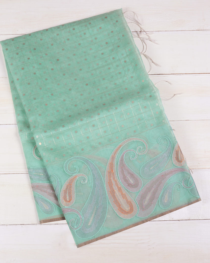 Mint Green Kora Organza Embroidery Saree T372332-image