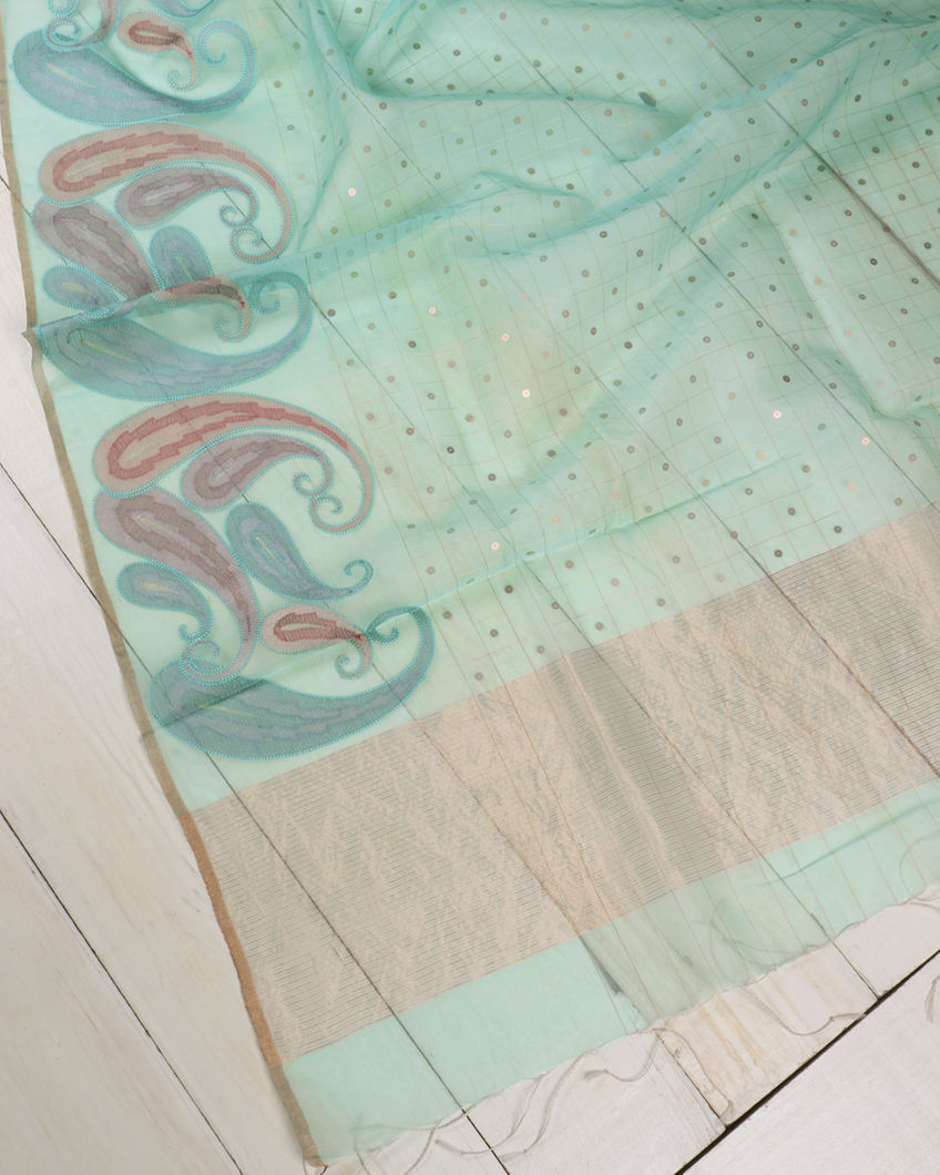 Mint Green Kora Organza Embroidery Saree T3723322