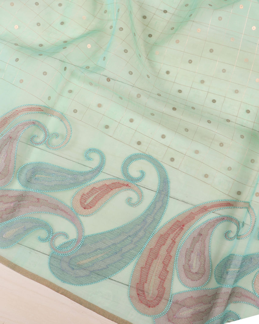 Mint Green Kora Organza Embroidery Saree T3723324