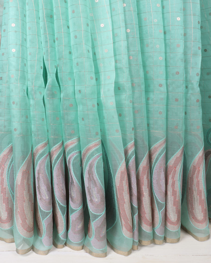 Mint Green Kora Organza Embroidery Saree T3723325