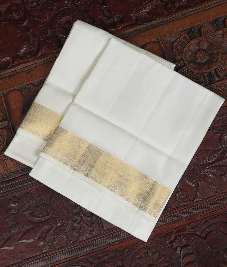 White Handwoven Kanjivaram Silk Dhoti and Vastharam T302334-image