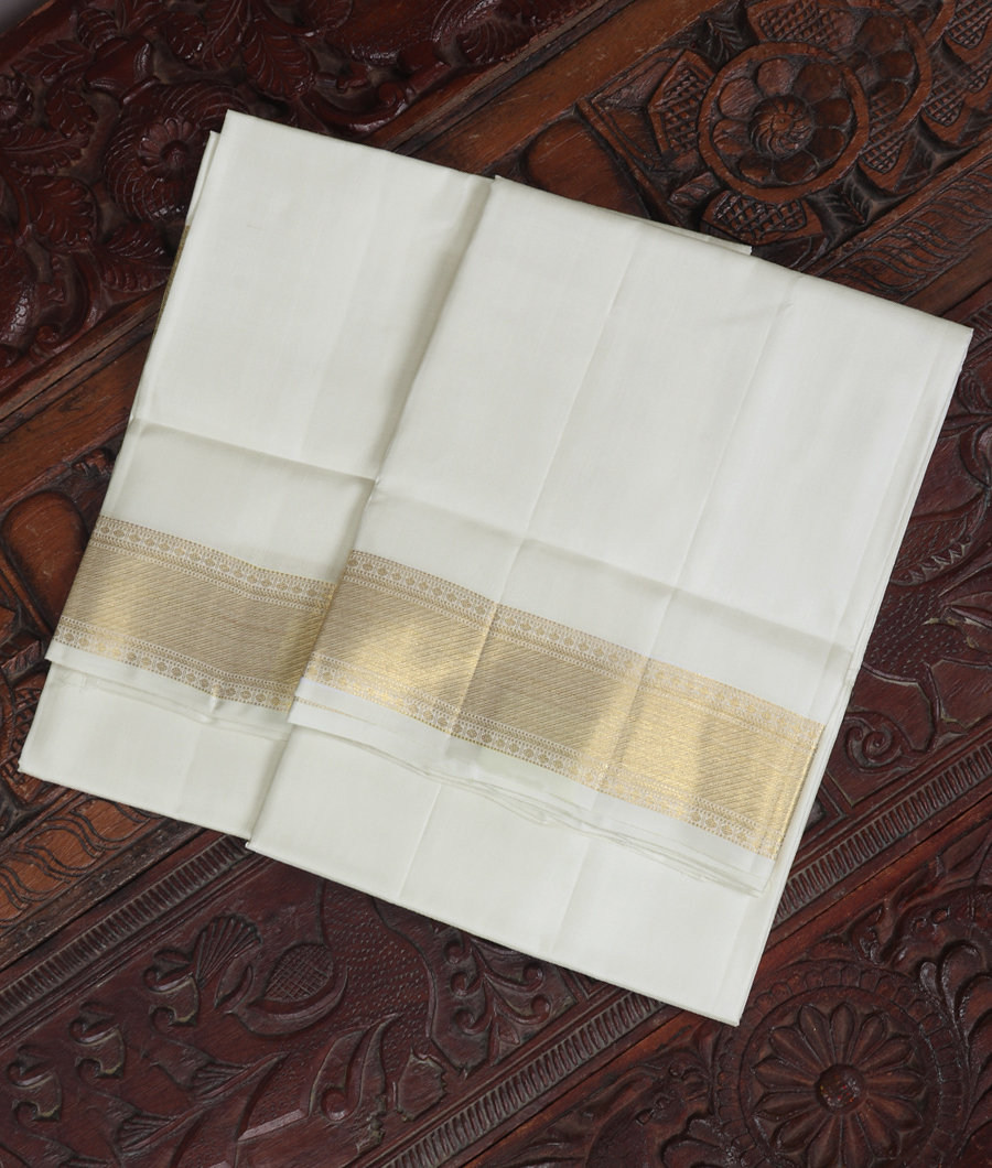 White Handwoven Kanjivaram Silk Dhoti and Vastharam T307842-image