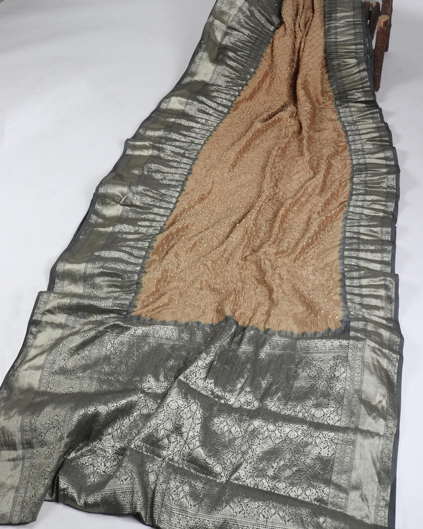 Light Khaki Bandhani Silk Saree T3754432
