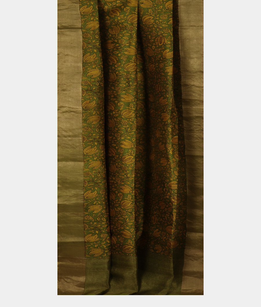 Green Printed Raw Silk Saree T3024002