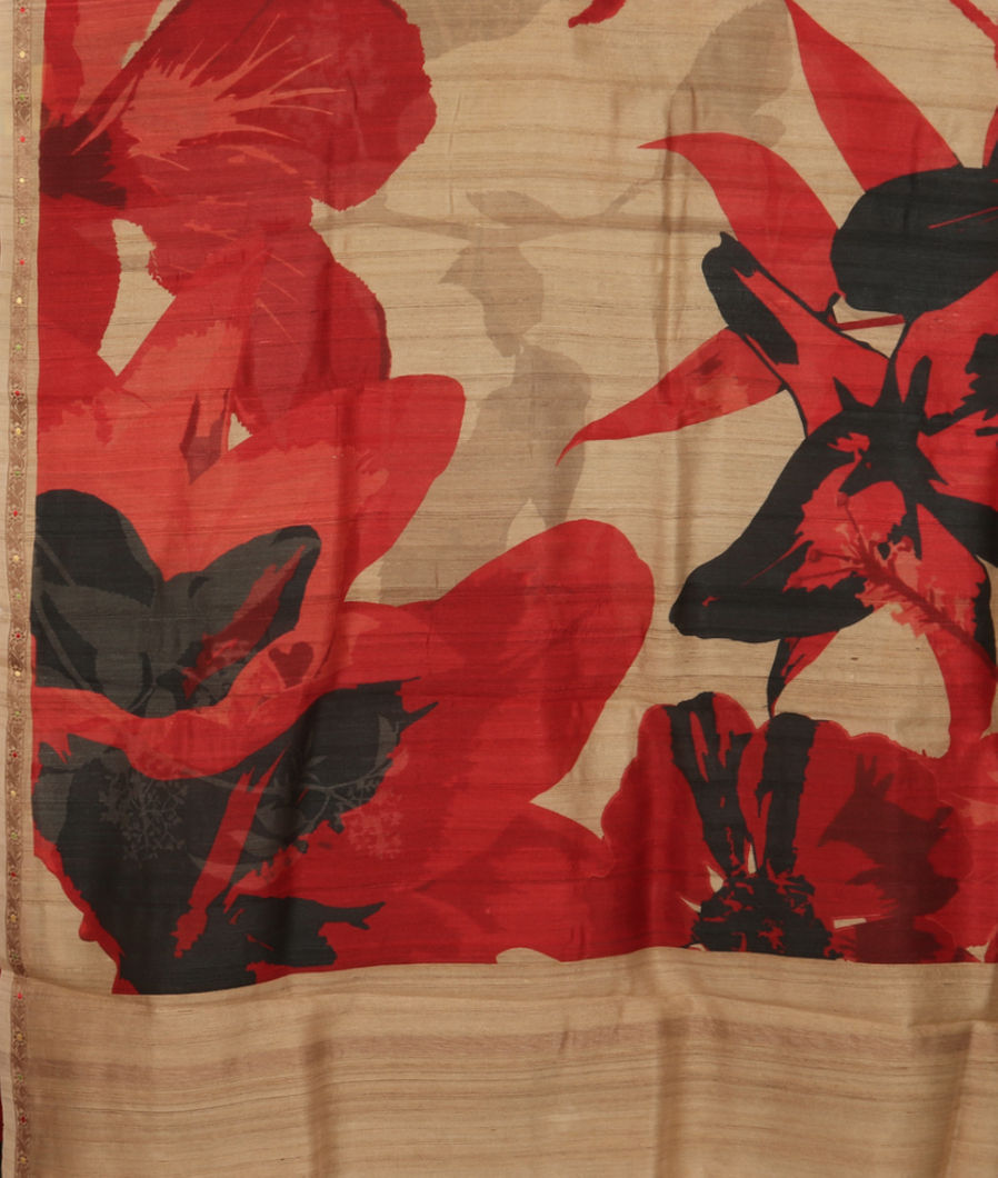 Beige Tussar Printed Saree T3058304