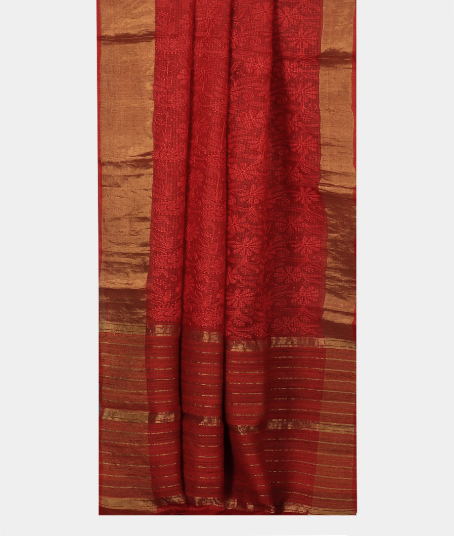 Red Silk Kota Embroidery Saree T3764212