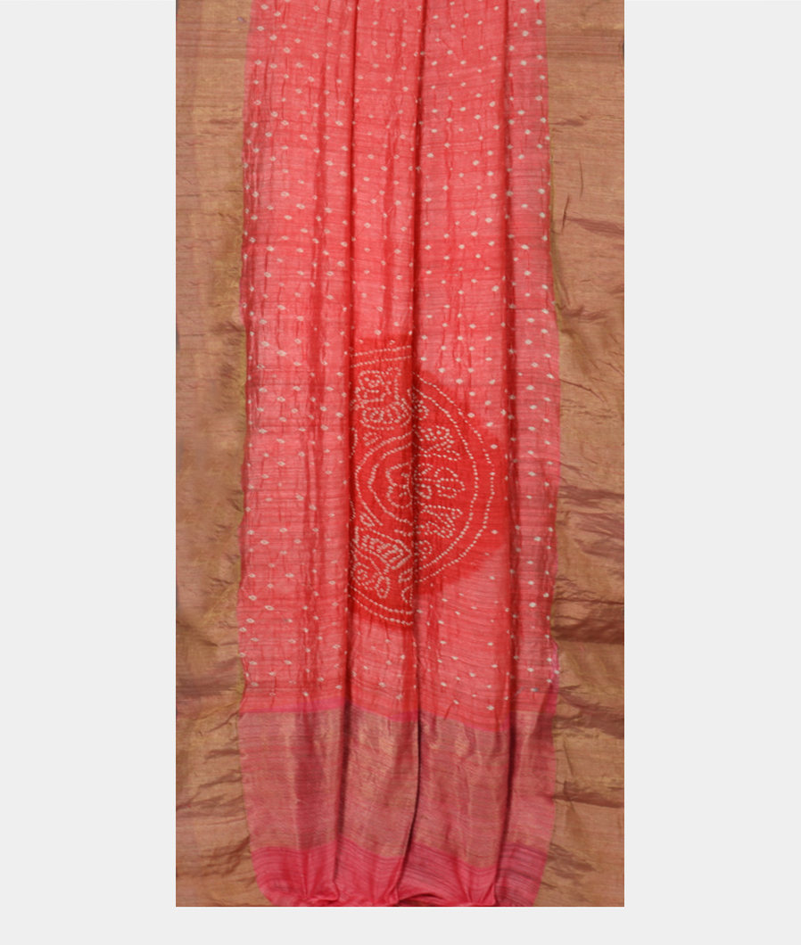 Salmon Pink Bandhani Matka Tussar Saree T3768922