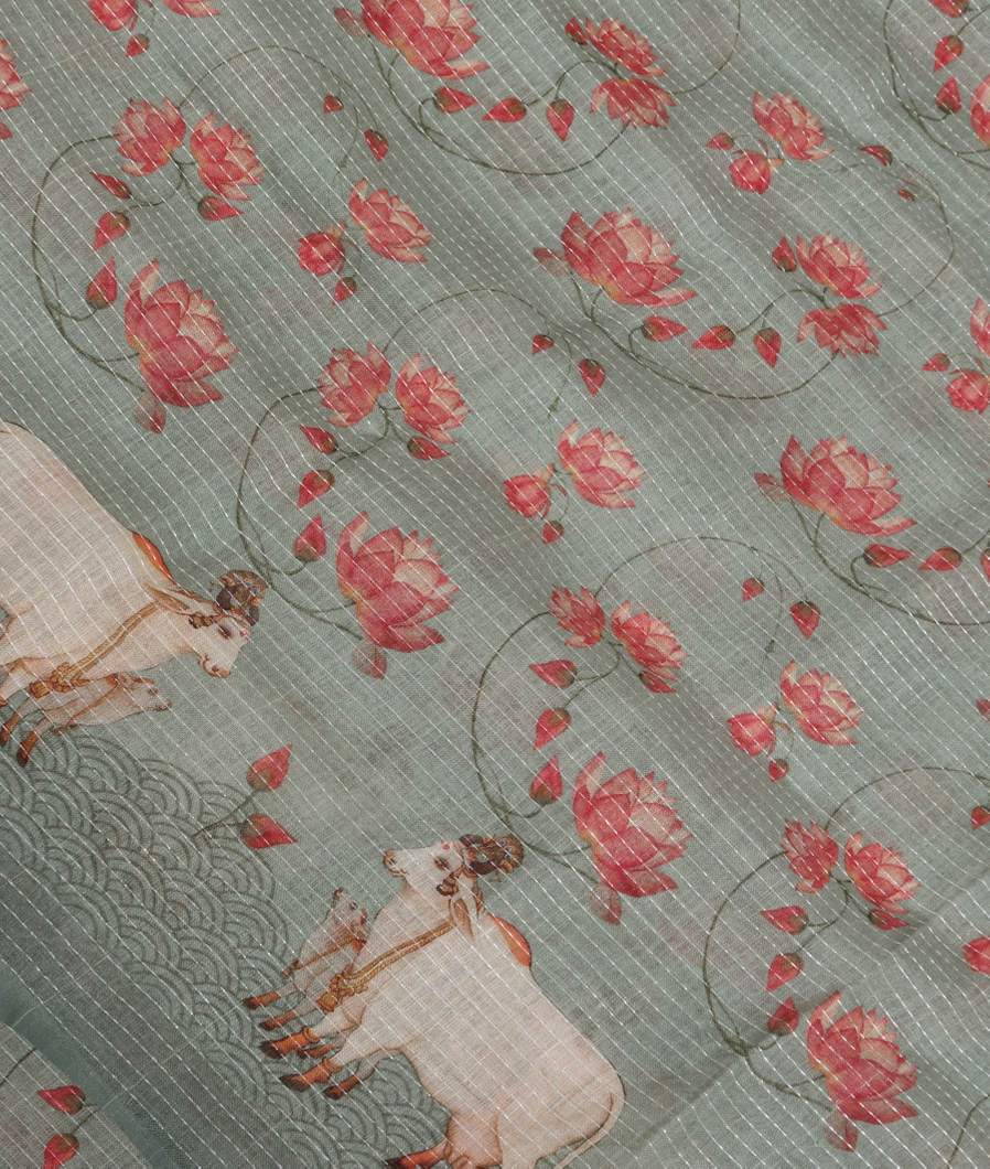 Green Linen Printed Saree T379346-image