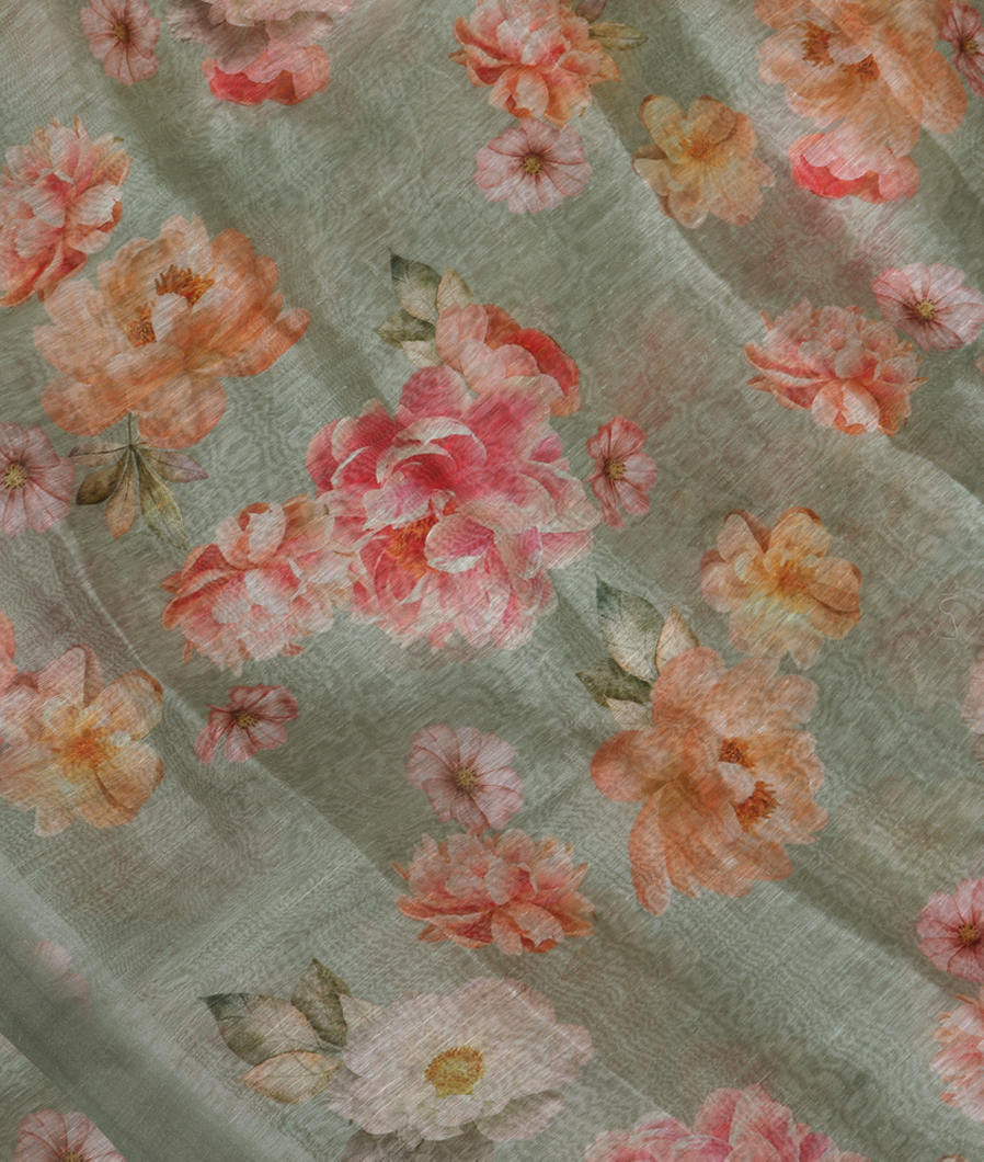 Green Linen Printed Saree T353256-image
