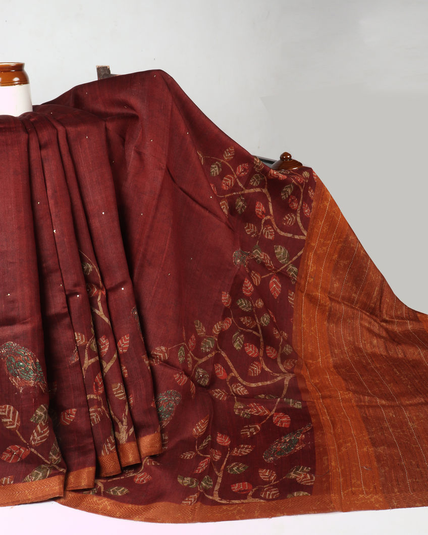 Rust Tussar Printed Saree T378391-image