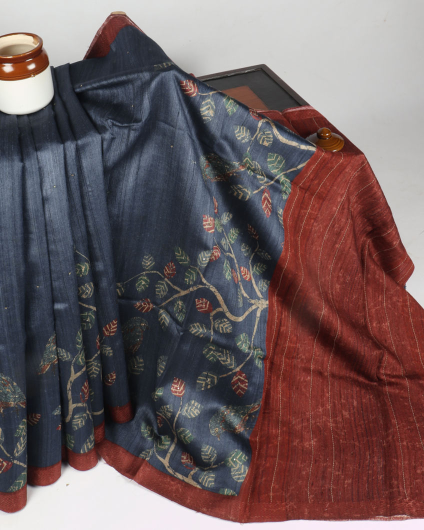 Bluish Grey Tussar Printed Saree T378388-image