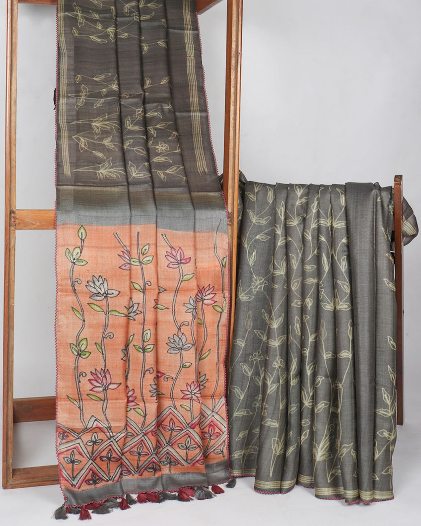 Grey Tussar Printed Saree T383299-image