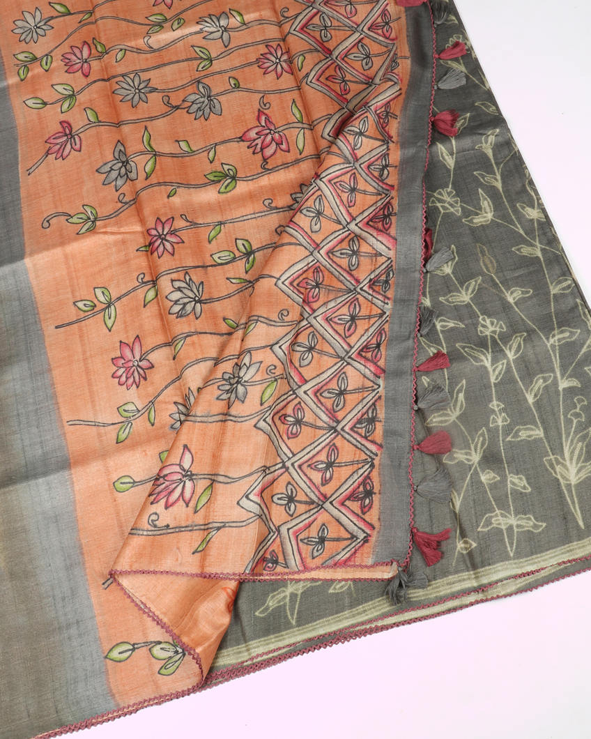 Grey Tussar Printed Saree T3832992