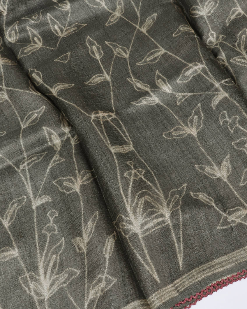Grey Tussar Printed Saree T3832994