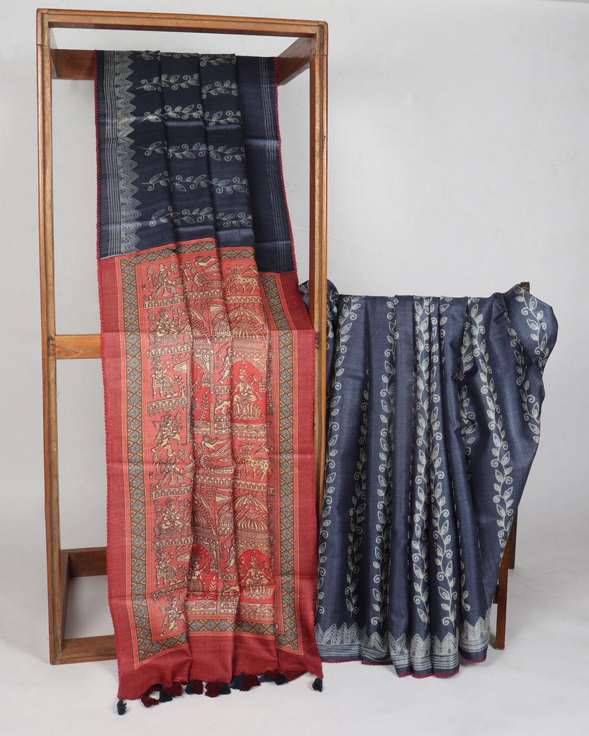 Blue Tussar Printed Saree T383375-image