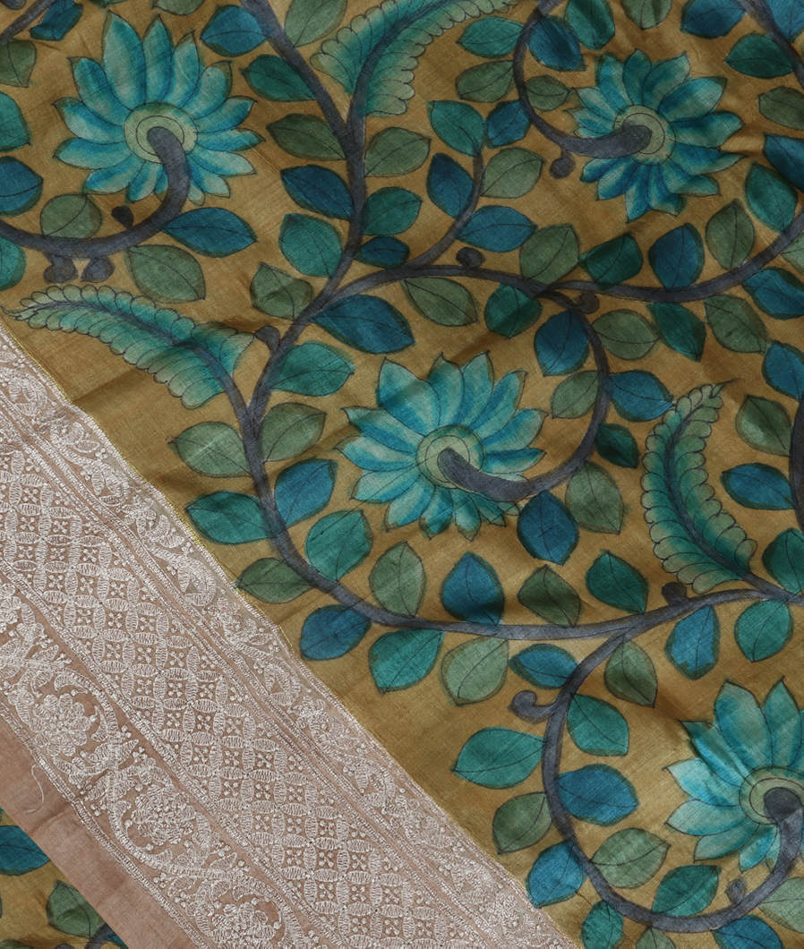 Yellowish Green Tussar Printed Saree T383093-image