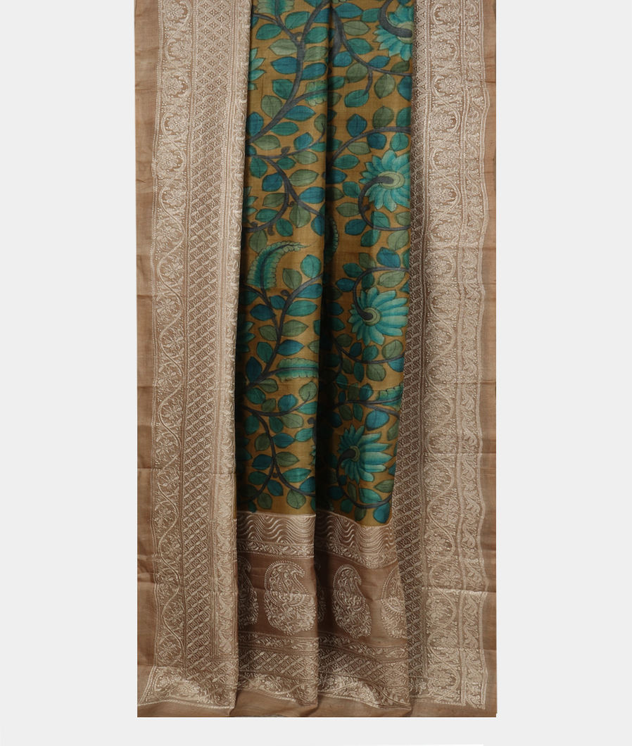 Yellowish Green Tussar Printed Saree T3830932