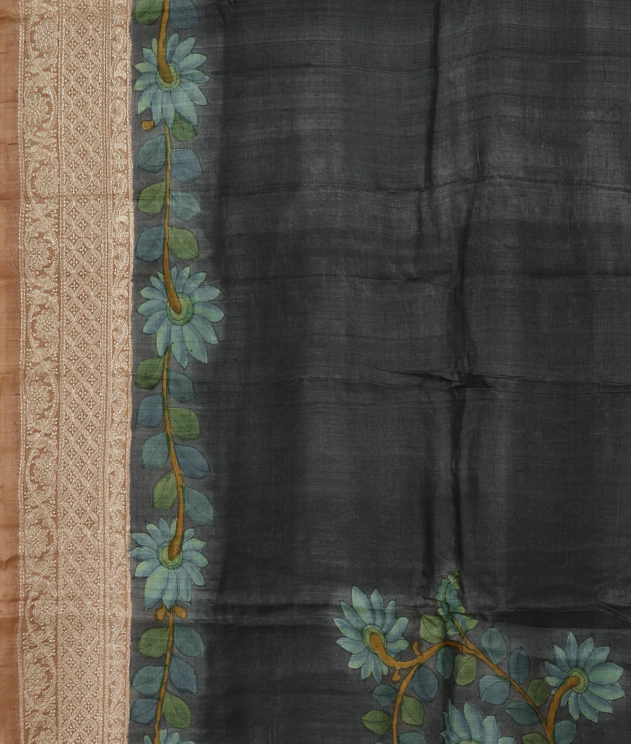 Yellowish Green Tussar Printed Saree T3830933