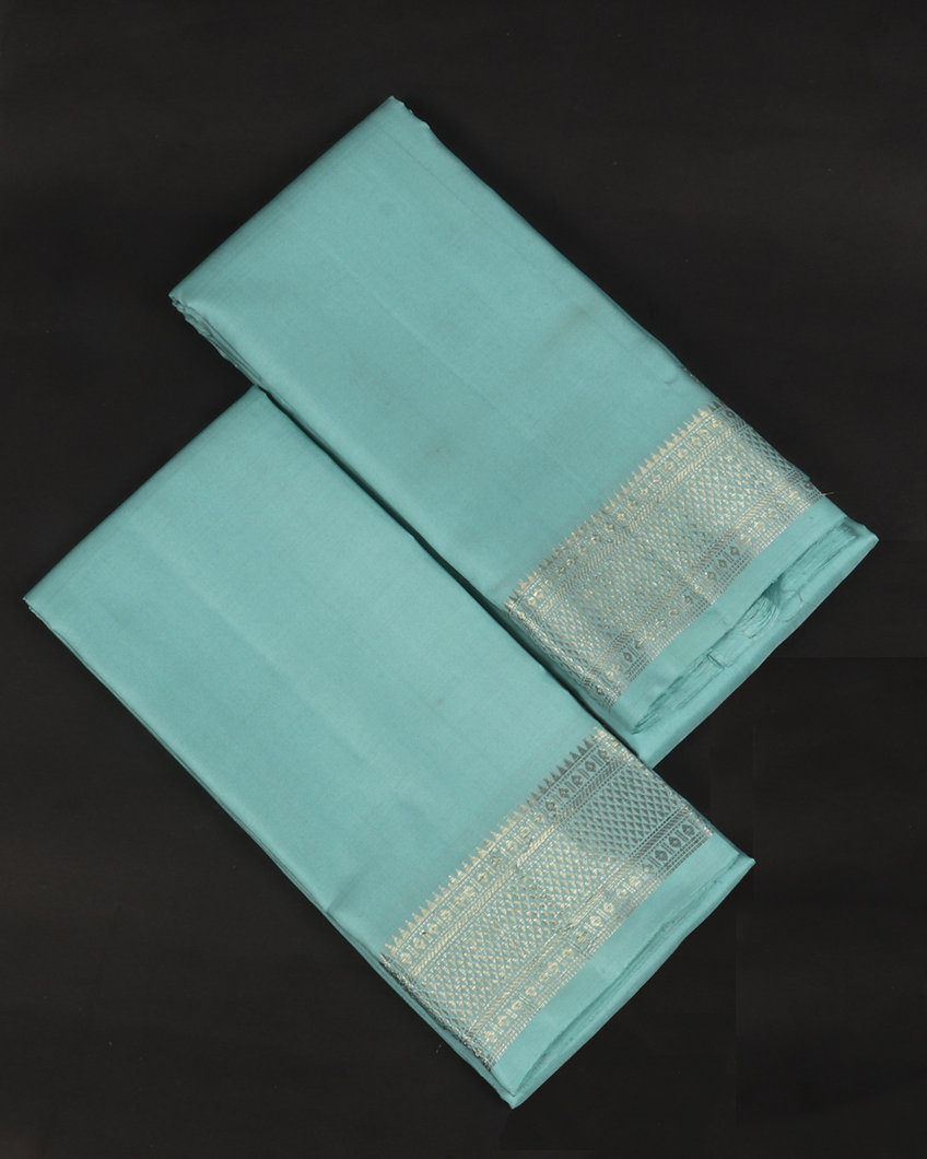 Blue Handwoven Kanjivaram Silk Dhoti and Vastharam T371254-image
