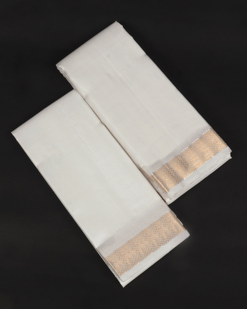 White Handwoven Kanjivaram Silk Dhoti and Vastharam T344535-image