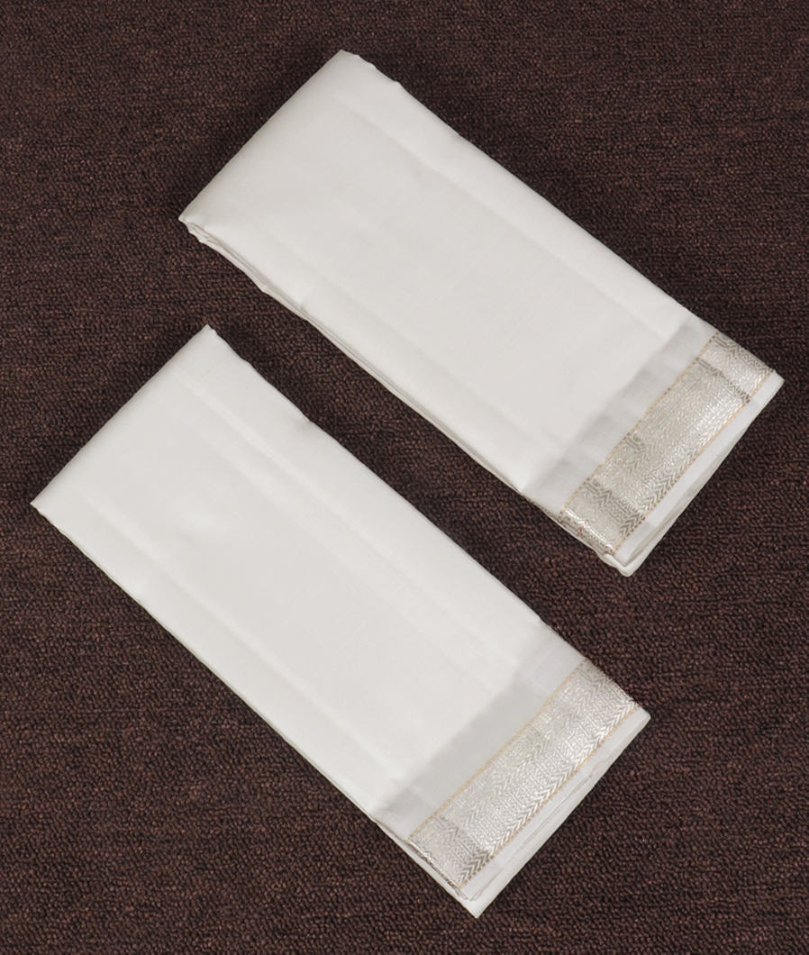 White Handwoven Kanjivaram Silk Dhoti and Vastharam T360199-image