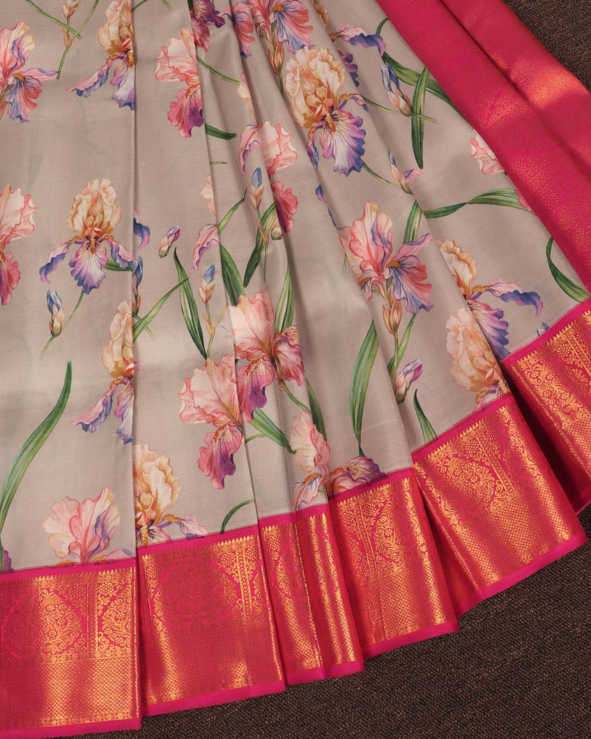 Grey Printed kanjivaram Silk Saree T3792132