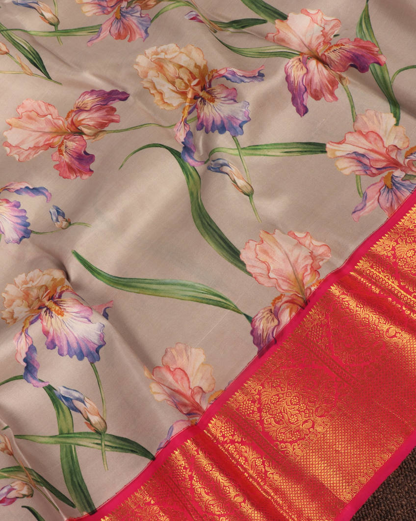 Grey Printed kanjivaram Silk Saree T3792134