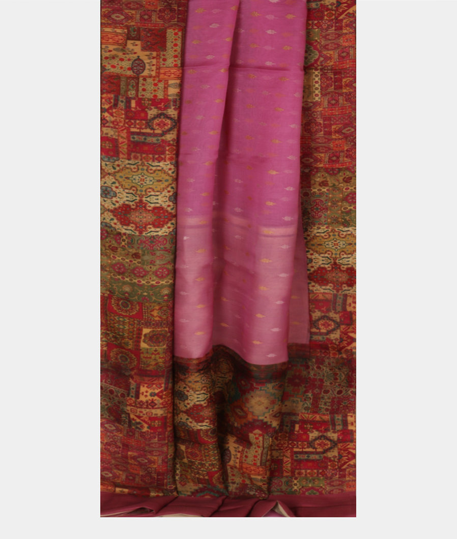 Pink Kora Organza Printed With Tussar Border and Pallu T3792662