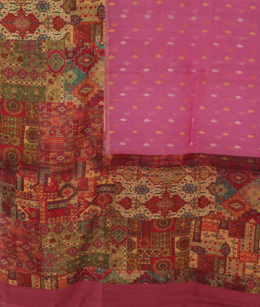 Pink Kora Organza Printed With Tussar Border and Pallu T3792664