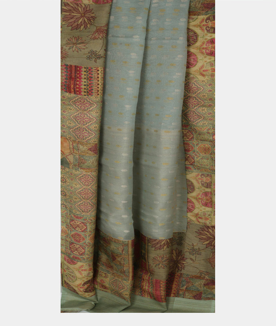 Grey Kora Organza Printed With Tussar Border and Pallu T3792652