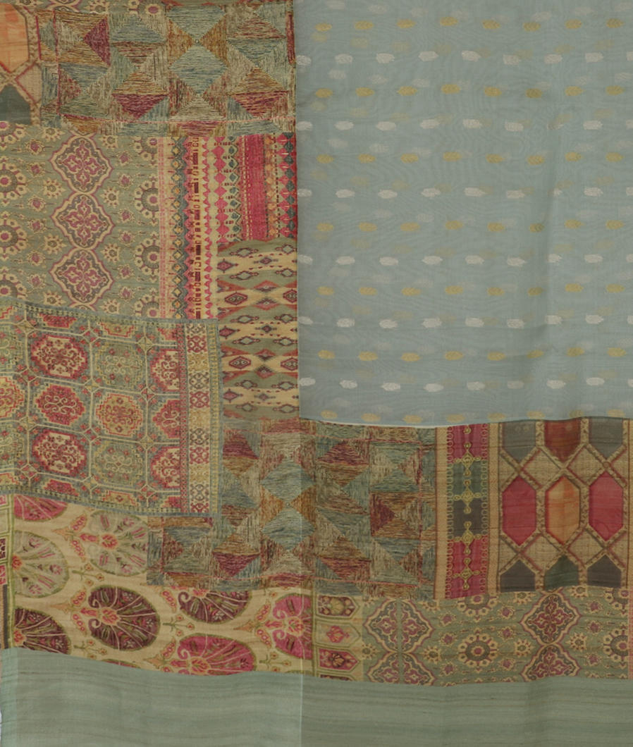 Grey Kora Organza Printed With Tussar Border and Pallu T3792654