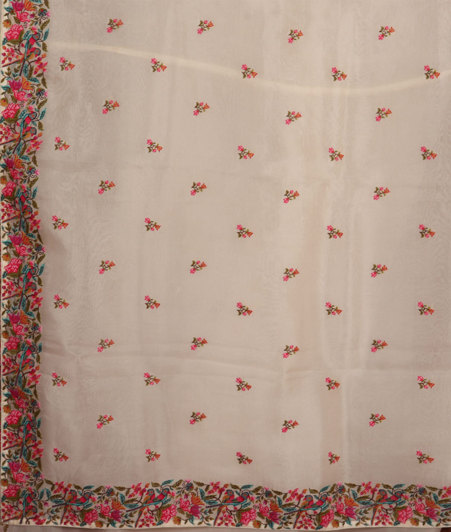 White Kora Organza Embroidery Saree T2978084