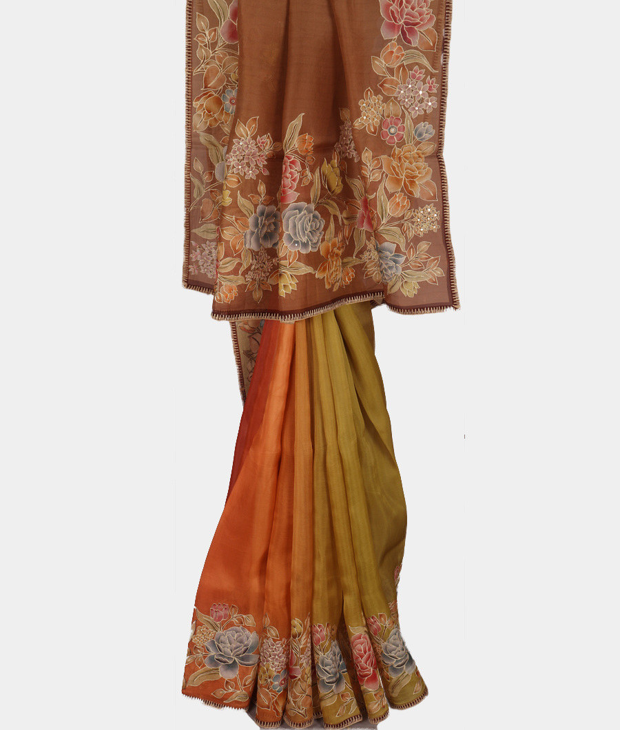 Beige Kora Organza Embroidery Saree T3209615