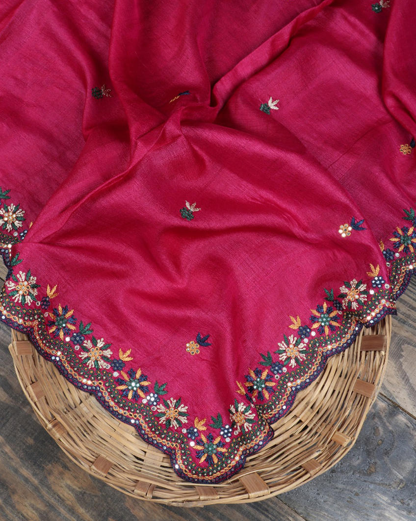 Reddish Pink Tussar Embroidery Saree T387067-image