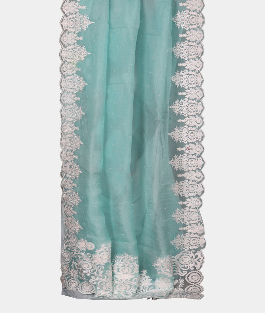 Blue Kora Organza Embroidery Saree T3880182