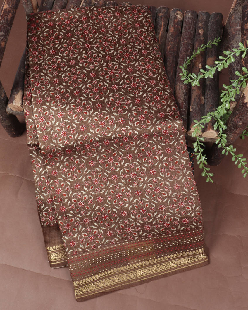 Brown Tussar Printed Saree T380522-image
