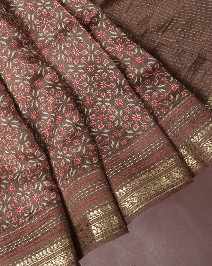 Brown Tussar Printed Saree T3805222
