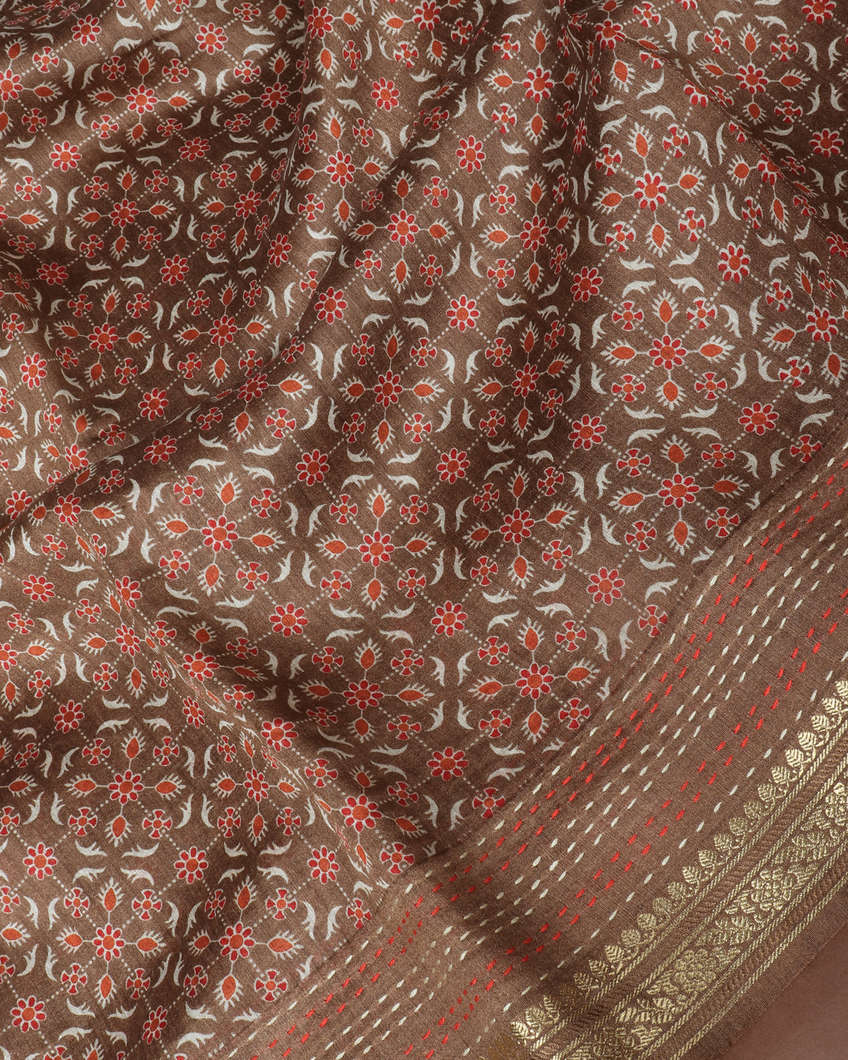 Brown Tussar Printed Saree T3805224