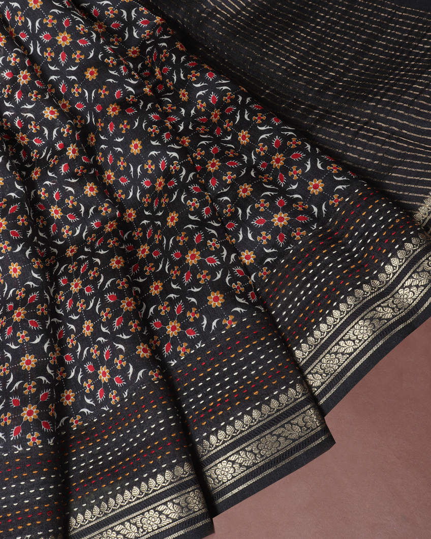 Black Tussar Printed Saree T3805342