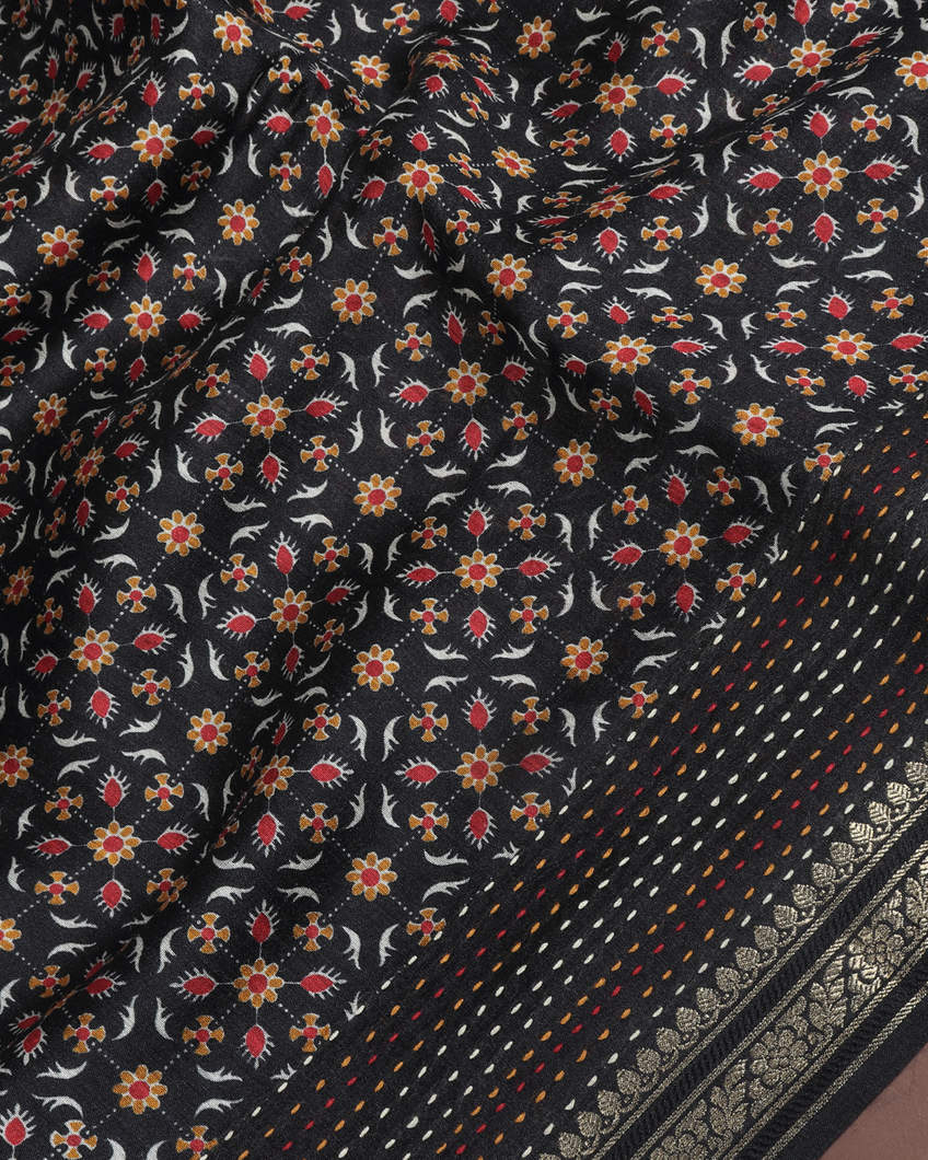 Black Tussar Printed Saree T3805344