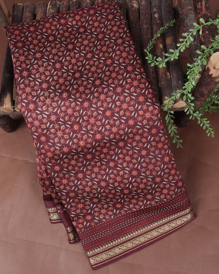 Maroon Tussar Printed Saree T380527-image