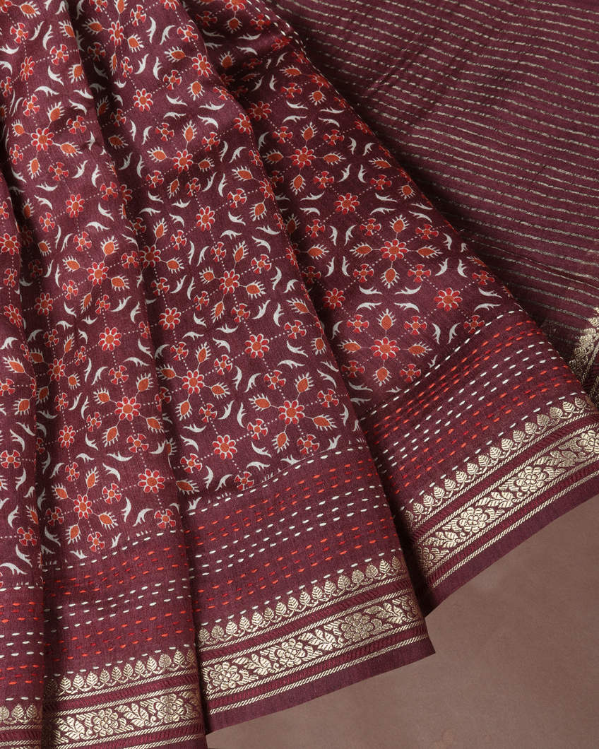 Maroon Tussar Printed Saree T3805272