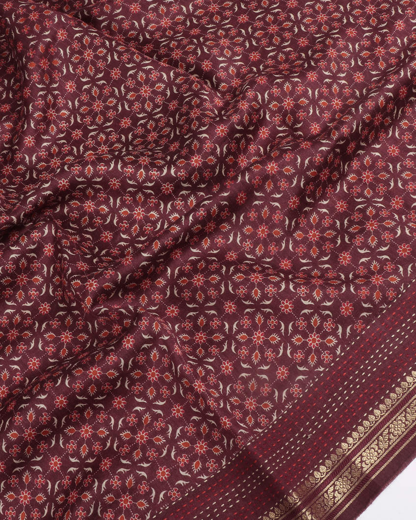 Maroon Tussar Printed Saree T3805274
