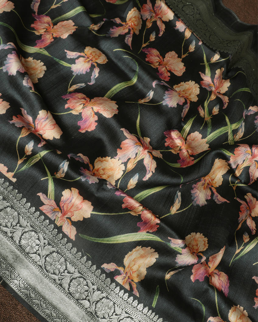 Grey Printed Banaras Tussar Kathan Silk Saree T3877002