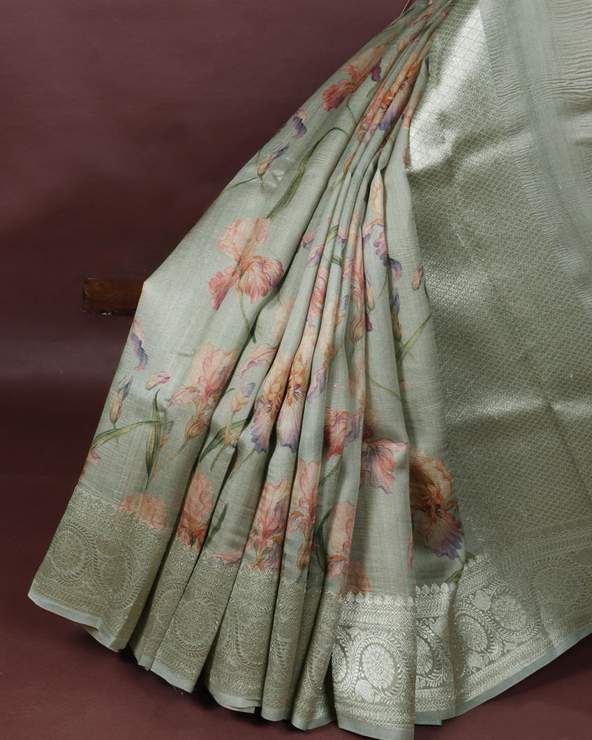 Greenish Grey Printed Banaras Tussar Kathan Silk Saree T387706-image