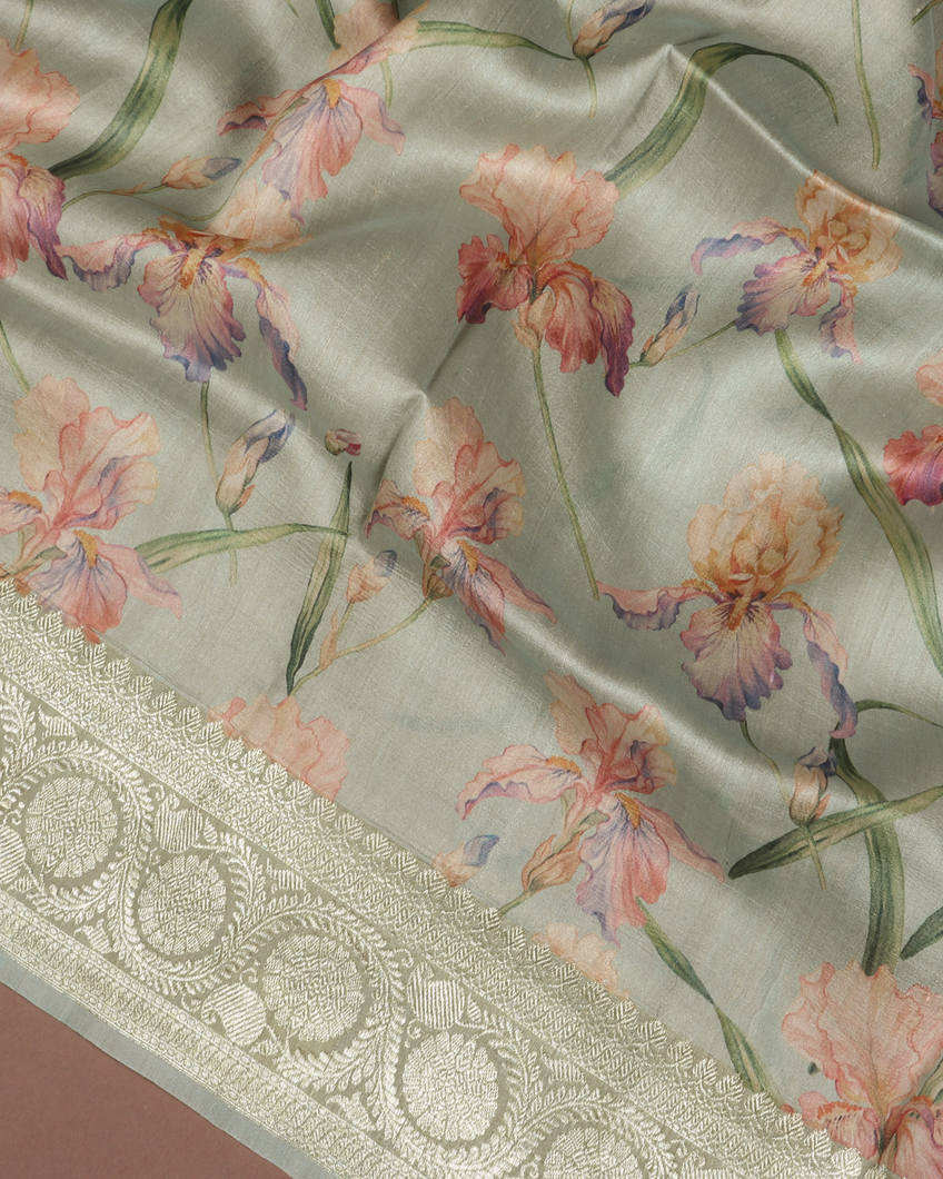 Greenish Grey Printed  Banaras Tussar Kathan Silk Saree T3877062