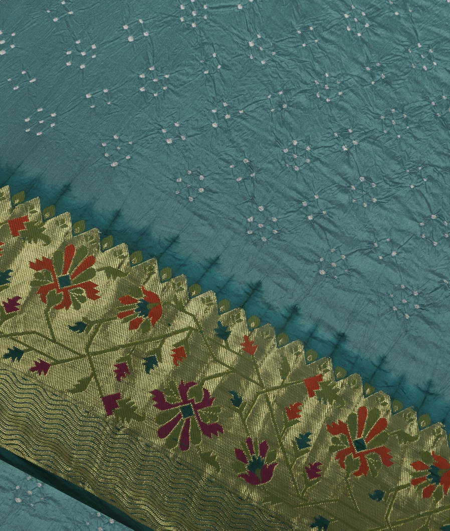 Salmon Pink Bandhani Silk Saree With Paithani Border and Pallu T375467-image