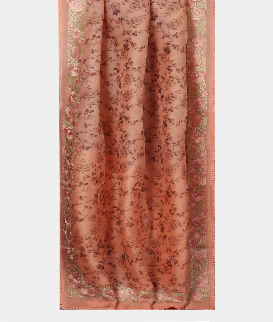 Peach Kora Organza Printed Saree T3111892