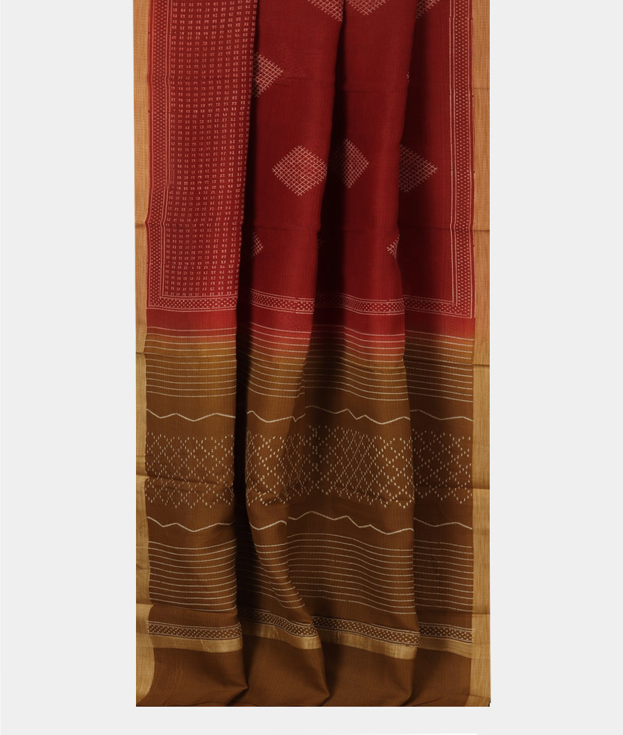 Rust Printed Cotton Saree T3884442