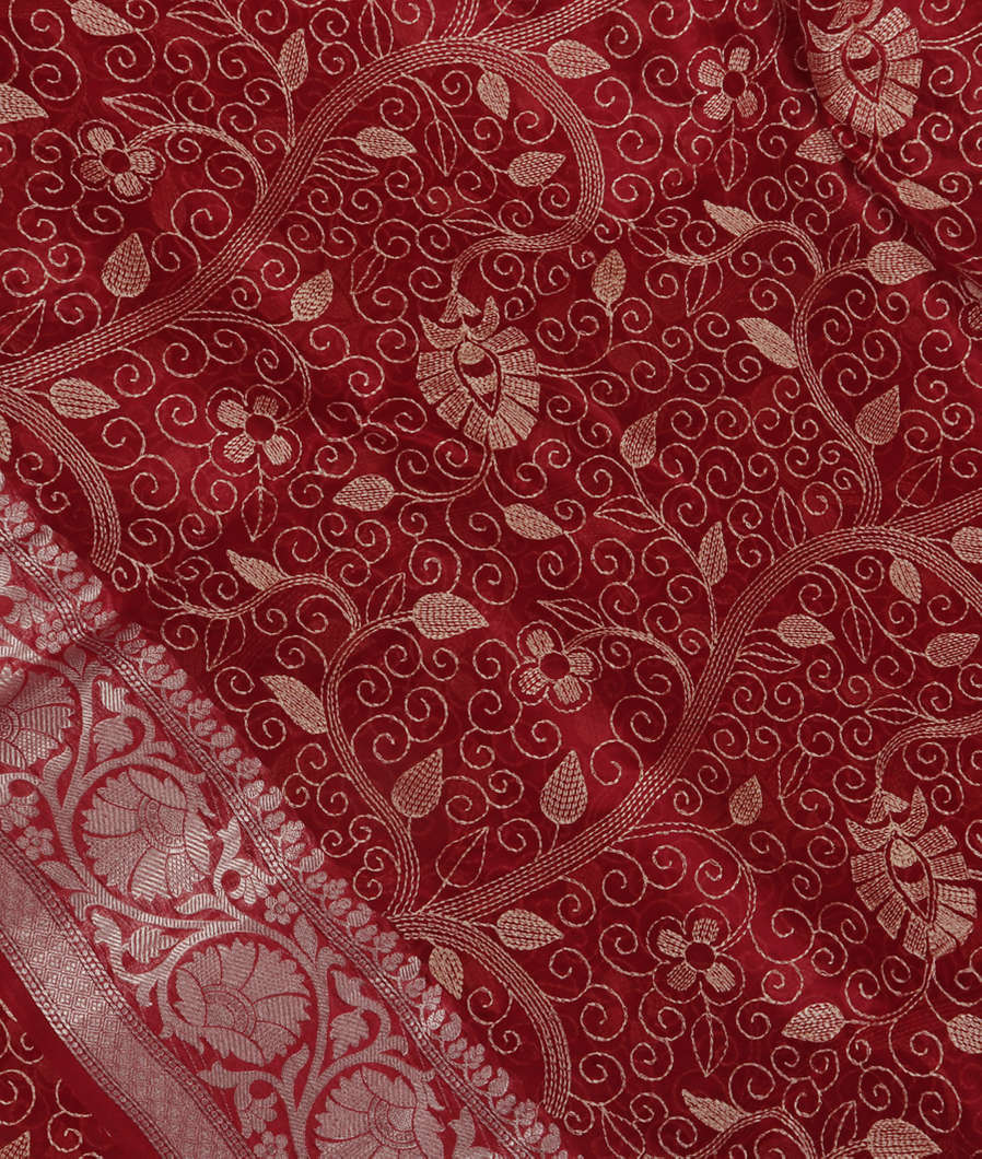 red Kora Organza Embroidery Saree T189414-image